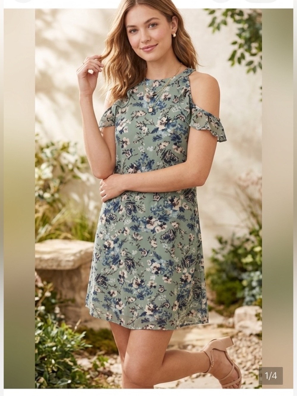 Xhilaration | Sage Floral Cold-Shoulder Ruffle Mini Dress juniors